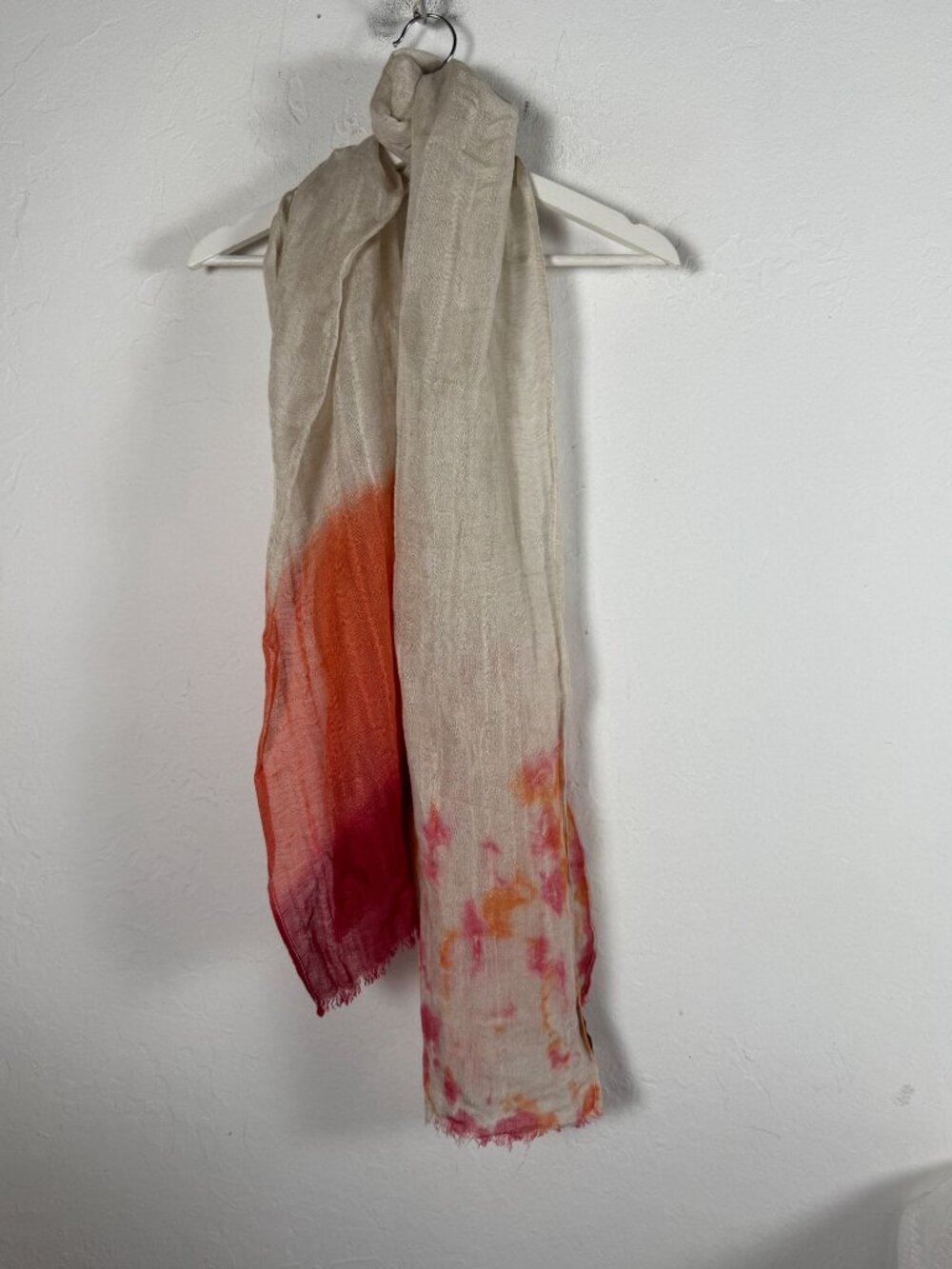 Nalini Linen Blend Scarf Ombre Rust Burgundy Tie-Dye 74x18 Fringe Trim Boho